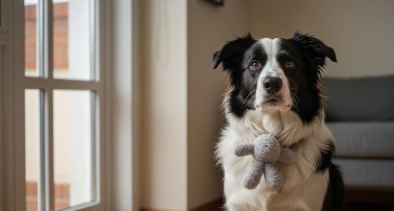Cão Border Collie olhando atentamente para um brinquedo em uma sala de estar, sugerindo aprendizado.