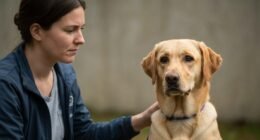 Cão de serviço observando atentamente seu tutor, demonstrando apoio em um momento de estresse.