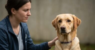 Cão de serviço observando atentamente seu tutor, demonstrando apoio em um momento de estresse.