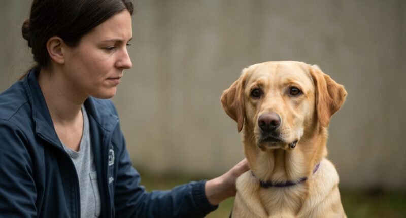 Cão de serviço observando atentamente seu tutor, demonstrando apoio em um momento de estresse.