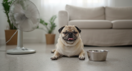 Cachorro Pug aliviando o calor deitado em piso frio perto de ventilador.