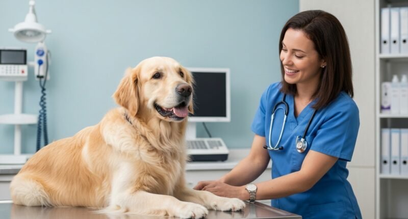 Veterinário examinando um cão Golden Retriever