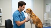 Médico-veterinário examina cão em clínica moderna com foco em bem-estar animal.