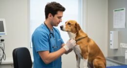 Médico-veterinário examina cão em clínica moderna com foco em bem-estar animal.