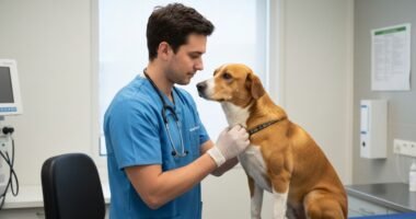Médico-veterinário examina cão em clínica moderna com foco em bem-estar animal.