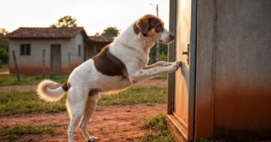 Cachorro abrindo o portão de casa sozinho em Tarauacá, Acre, com expressão de esperteza.