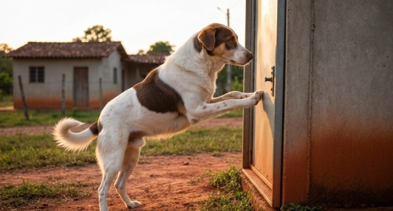 Cachorro abrindo o portão de casa sozinho em Tarauacá, Acre, com expressão de esperteza.