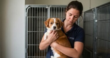Profissional de resgate de animais acaricia um cão resgatado, demonstrando a carga emocional do trabalho.