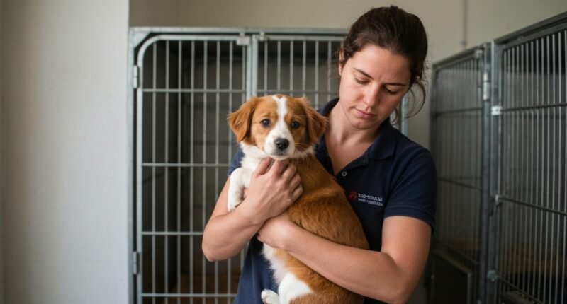 Profissional de resgate de animais acaricia um cão resgatado, demonstrando a carga emocional do trabalho.