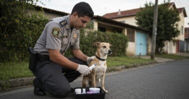 Agente de endemias aplica teste rápido em cão durante visita domiciliar em Carmo do Cajuru.