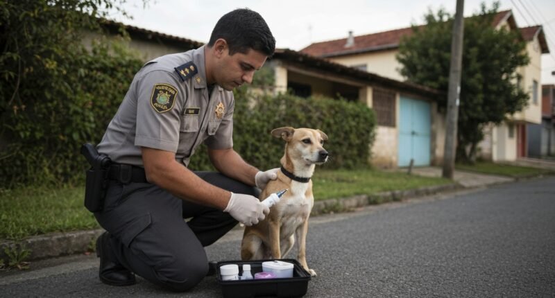 Agente de endemias aplica teste rápido em cão durante visita domiciliar em Carmo do Cajuru.