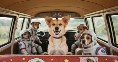 Cachorro fantasiado de astronauta em uma van escolar durante o bloCão de Carnaval.