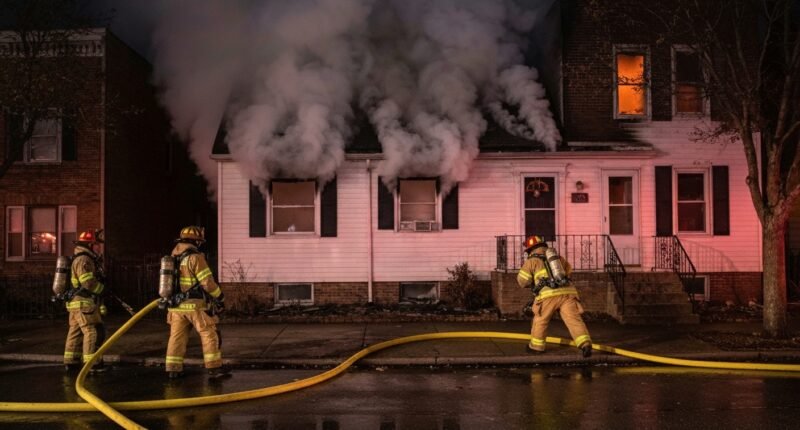 Bombeiros resgatam casal de casa em chamas após incêndio.