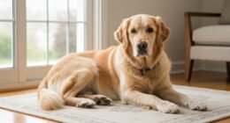 Cão golden retriever com coleira inteligente deitado em tapete na sala de estar