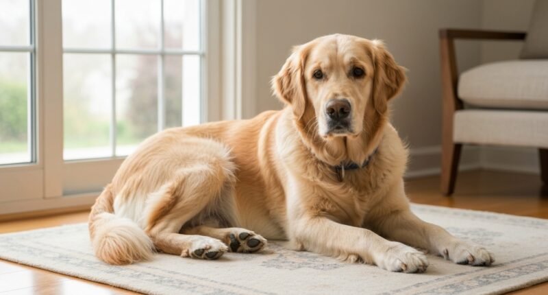 Cão golden retriever com coleira inteligente deitado em tapete na sala de estar