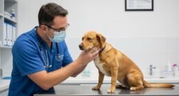 Veterinário examinando um cachorro preocupado com possível doença