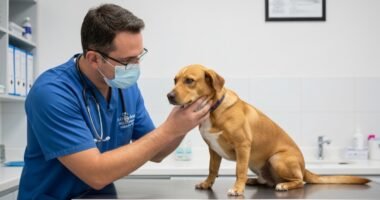 Veterinário examinando um cachorro preocupado com possível doença