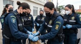 Equipe de vigilância sanitária de Cuiabá em ação de monitoramento de zoonoses em área urbana.
