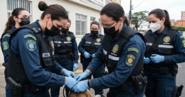 Equipe de vigilância sanitária de Cuiabá em ação de monitoramento de zoonoses em área urbana.