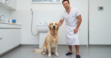 Veterinário secando um cachorro golden retriever com toalha após o banho.