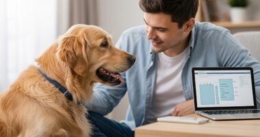 Tutor interage com seu cachorro de raça, demonstrando planejamento financeiro para os cuidados do animal.
