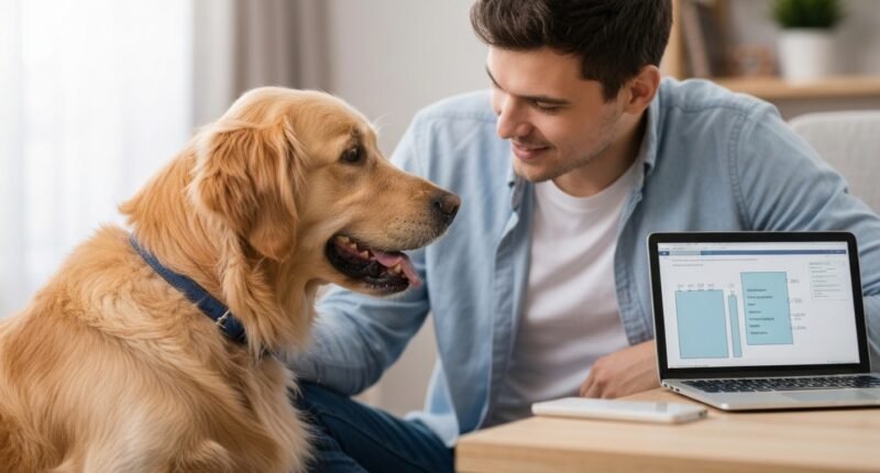 Tutor interage com seu cachorro de raça, demonstrando planejamento financeiro para os cuidados do animal.