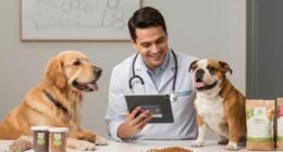 Veterinário examinando cães em clínica moderna com foco em nutrição animal