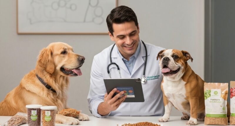 Veterinário examinando cães em clínica moderna com foco em nutrição animal