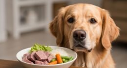 Cão feliz e saudável observando uma tigela de comida caseira nutritiva, ilustrando a dieta natural para cães com problemas de saúde.