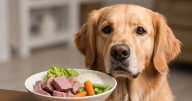 Cão feliz e saudável observando uma tigela de comida caseira nutritiva, ilustrando a dieta natural para cães com problemas de saúde.