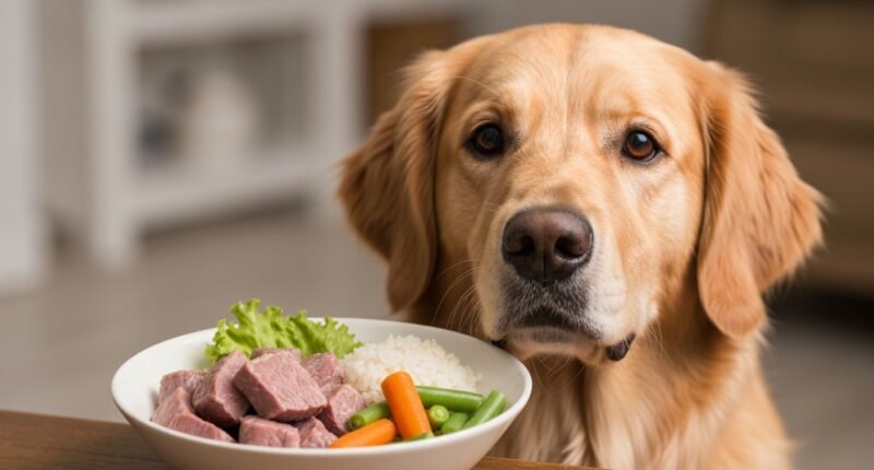 Cão feliz e saudável observando uma tigela de comida caseira nutritiva, ilustrando a dieta natural para cães com problemas de saúde.