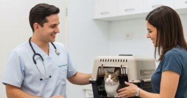 Veterinário examinando um cão em clínica, com tutor observando.