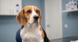 Cão Beagle em ambiente veterinário, demonstrando necessidade de cuidado para epilepsia.