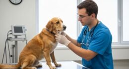 Veterinário examinando cão acima do peso em clínica