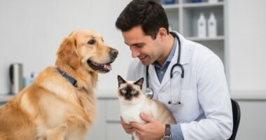 Veterinário examinando cão e gato em clínica