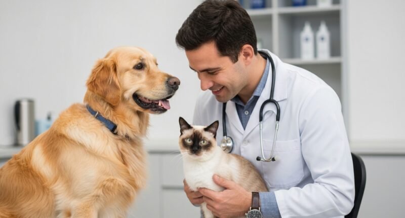 Veterinário examinando cão e gato em clínica