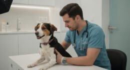 Médico veterinário examina cão idoso em clínica com foco na doença grave.