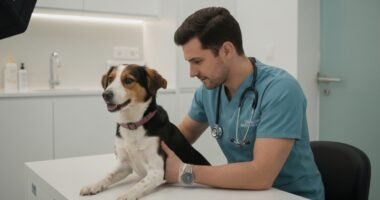 Médico veterinário examina cão idoso em clínica com foco na doença grave.