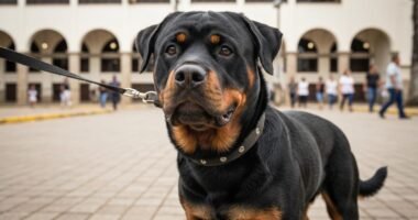 Rottweiler usando focinheira em rua de Belém