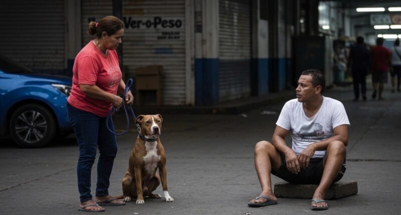 Gari ferido sentado no chão após ataque de pit bull no Ver-o-Peso, em Belém.