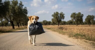 Cachorro carrega saco de lixo pela boca em estrada na Itália