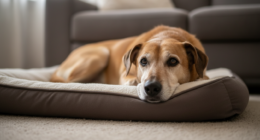 Cachorro idoso descansando em cama confortável, com pelos grisalhos no focinho.
