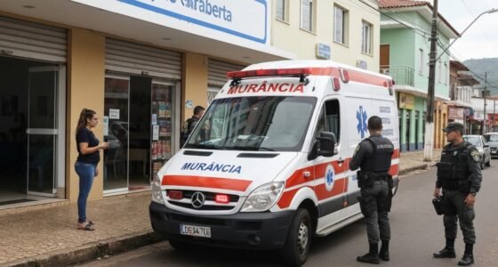 Ambulância municipal em frente a loja após ataque de pitbull em Tarabai.