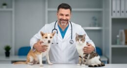 Médico veterinário examinando um cão e um gato juntos e sorrindo enquanto segura uma carteirinha de vacinação.