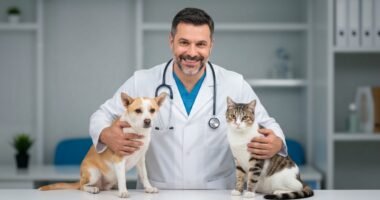 Médico veterinário examinando um cão e um gato juntos e sorrindo enquanto segura uma carteirinha de vacinação.