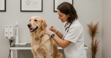 Veterinário inspeciona cão em busca de carrapatos após passeio.
