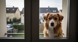 Cão labrador olhando pela janela de apartamento com expressão de solidão.