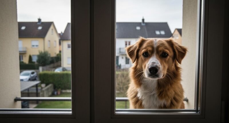 Cão labrador olhando pela janela de apartamento com expressão de solidão.