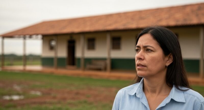 Cachorrinha vira-lata caramelo observando o ambiente com expressão serena em uma fazenda.