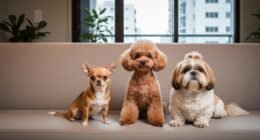 Chihuahua, Poodle e Shih Tzu em um sofá de apartamento
